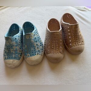 Two pairs of Native Shoes Kids Shoes - gold sparkle and blue daisies